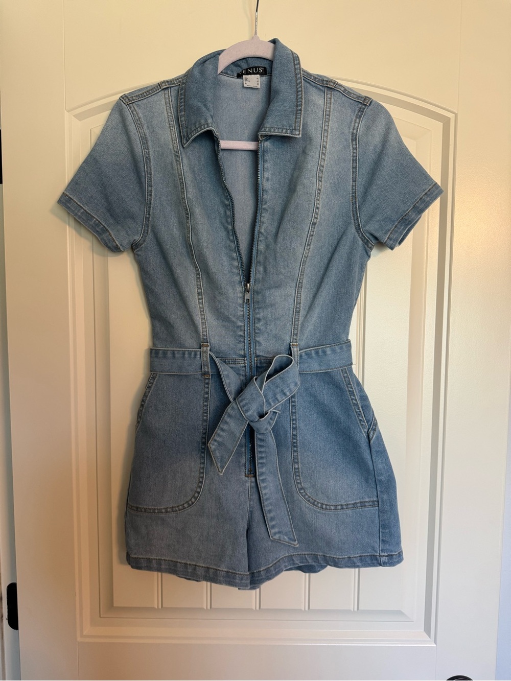 VENUS Light Denim Short-Sleeve Belted Romper